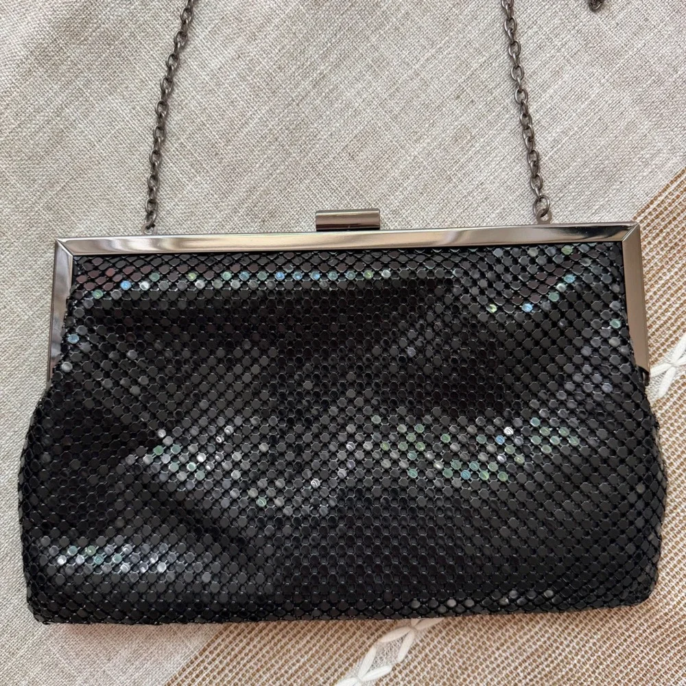 Gunne Sax Jessica McClintock‎ Black Metal Mesh Evening Clutch Bag Chain Strap
